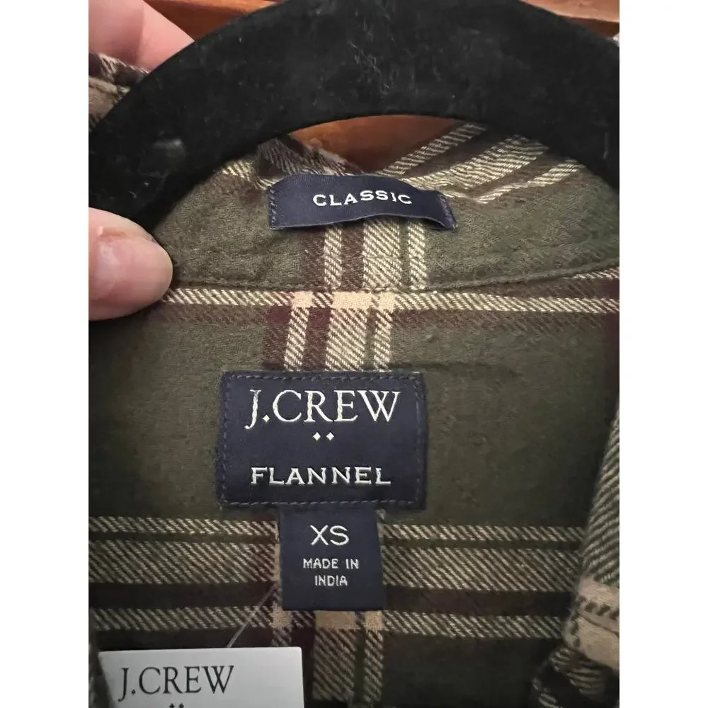 NWT J. Crew Men's Classic Flannel Shirt Plaid Spanish Moss Green Pale Oak SZ XS
